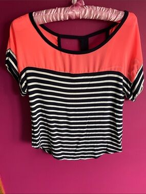 Coral and Navy Striped Women's Scoop Neck Top